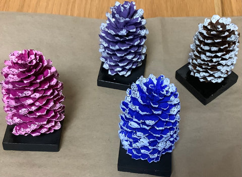 Mixed Pine Cone “Trees” by Cecelia……blue,purple,white,pink…..(one per purchase)