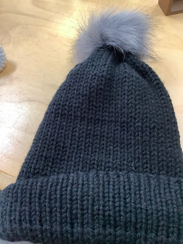 Knit Hat with Gray Fuzzy Pom Pom. By Kellee