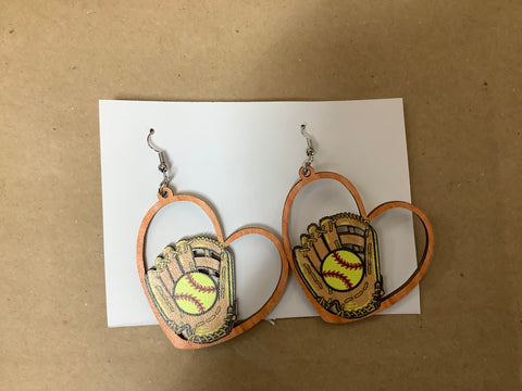Baseball Mitt within a Wood Heart Earrings by GG