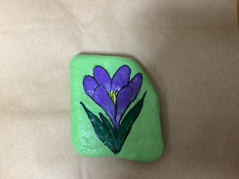 Large Hand Painted Rock with Purple Crocus by Cecelia