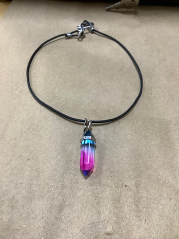Blue Clear and Pink Pendant on leather chain with  Recycled Clasp