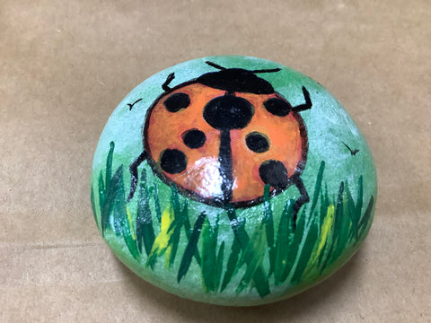 Lady bug hand painted rock by local artist Cecelia