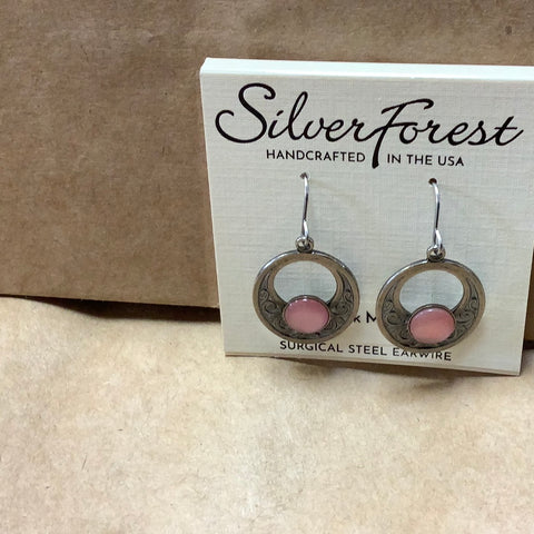 NE-2179 Silver stamped  Loop with Pink Mussel Stone.   Handcrafted by Silver Forest in Vermont.