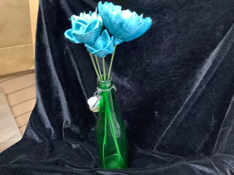 Vintage Green Soda Bottle with 4 Aqua Wood Flowers by Kellee