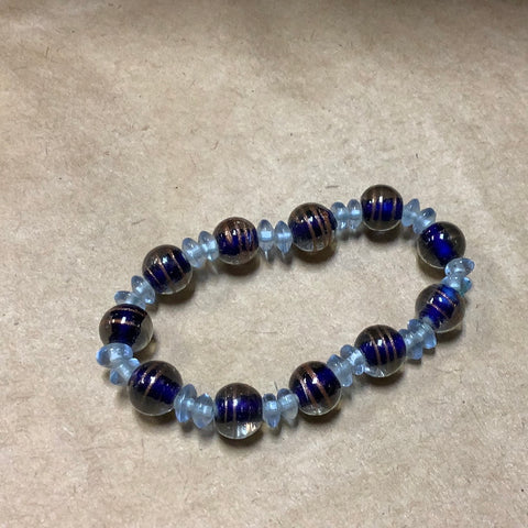 Light blue and brown glass beaded stretch bracelet