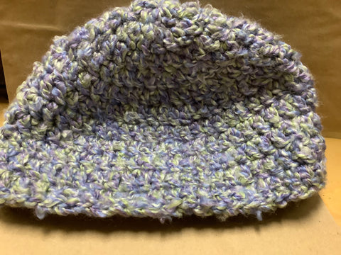 Periwinkle and green beanie hat by local artist Valerie