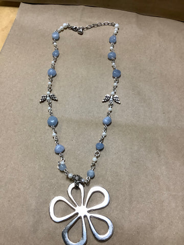 Gemstone Necklace with Blue and White and chain between with wings to look like a bird by local artist Rowdeisha