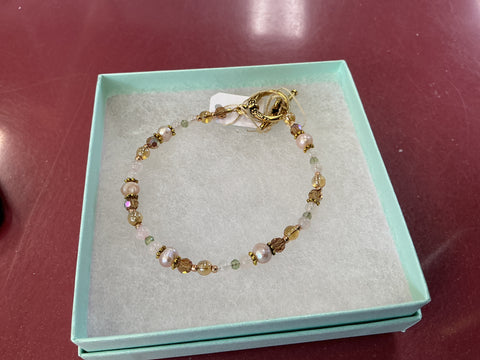 Light Pink Pearls With Amber Swarovski Crystals and Small Colored Beads with Gold Findings Bracelet by Caitlyn