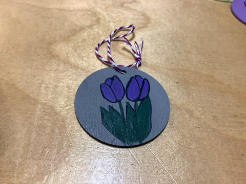 Hand painted Tulips on Wooden Disc by Cecelia. ( 1 per purchase)