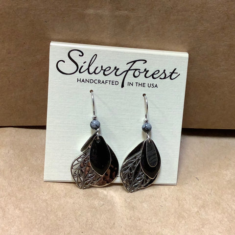 NE-1072A Silver Layered Shapes with Filligree on Surgical Steel Wires. Handcrafted by Silver Forest in Vermont.