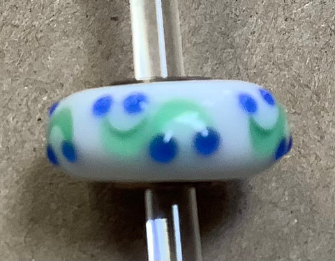 Troll Unique White Bead with Green Swirls and Blue Dots