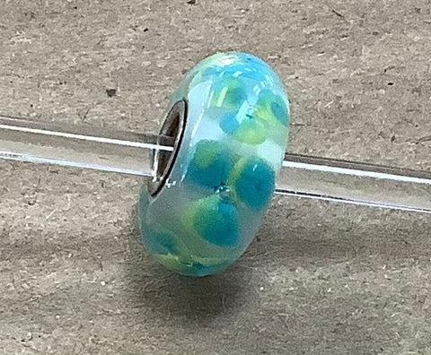 Troll Unique White Bead with Light Blue and Light Green Flowers