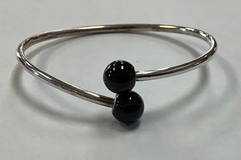 Silver Cuff Wrap Around Bracelet with Two Black Beads.  MKD