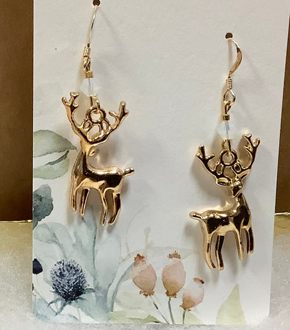 Gold Reindeer Earrings with Tiny Clear Bead by Caitlin