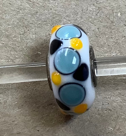 Troll Unique White Bead with Light Blue Circles accented with Yellow and Dark Blue Dots