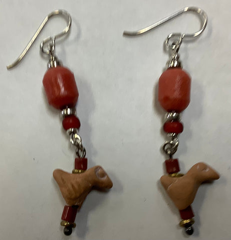 Clay Bird and Rust-Colored Beaded Earrings by MKD