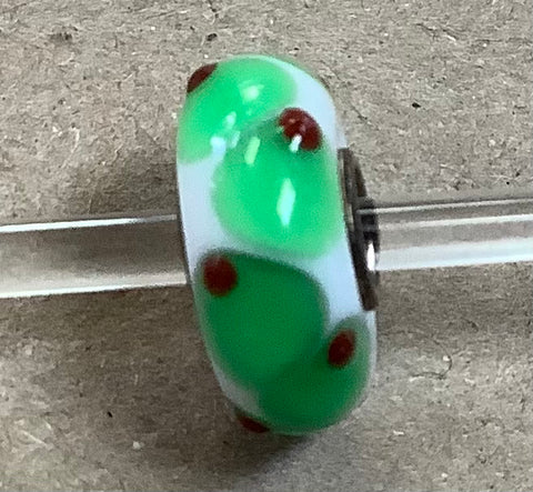 Troll Unique White Bead with Green Ovals and Red Dots
