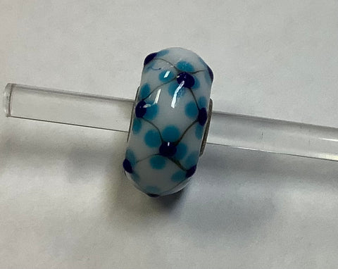 Unique Trollbead white with blue and teal flowers