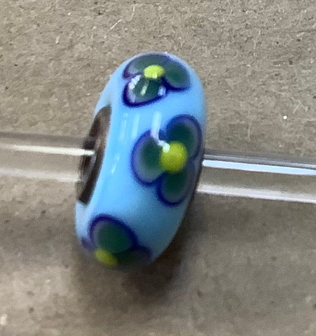 Troll Unique Light Blue Bead with Blue Flowers with a Yellow Center
