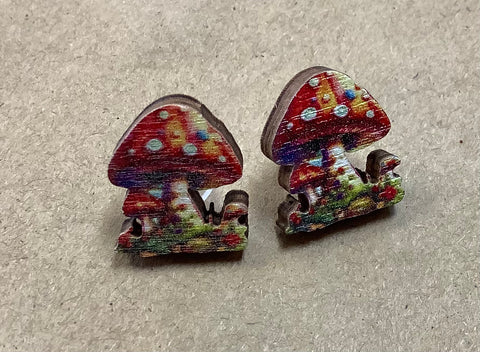 Wooden stud mushroom earrings red