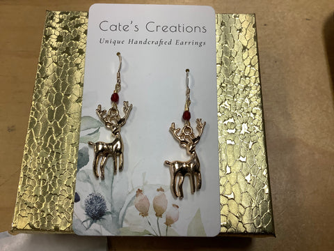 Gold deer w/ red gem earrings by Caitlin