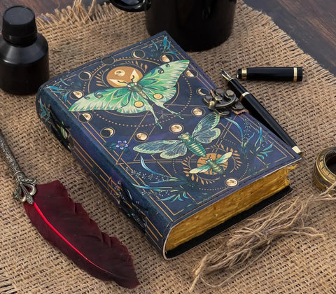 Vintage Leather Journal Notebook with Luna moth Butterfly Print