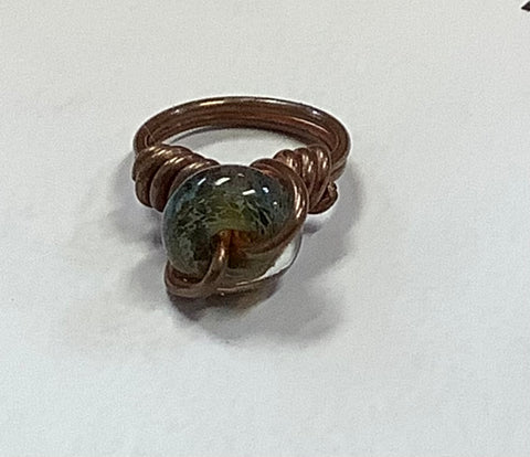 Wire Wrapped Copper Ring with Green/Blue Glass Bead