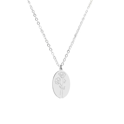 Birth Flower Collection - Silver Poppy Oval Necklace (August)