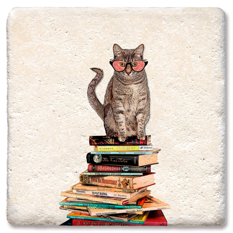 DRINK COASTER Cat Sitting on Books