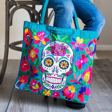 Lucia's Imports - Sugar Skull Skeleton Embroidered Tote Bag
