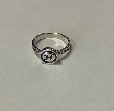 MKD initial H small sterling silver ring